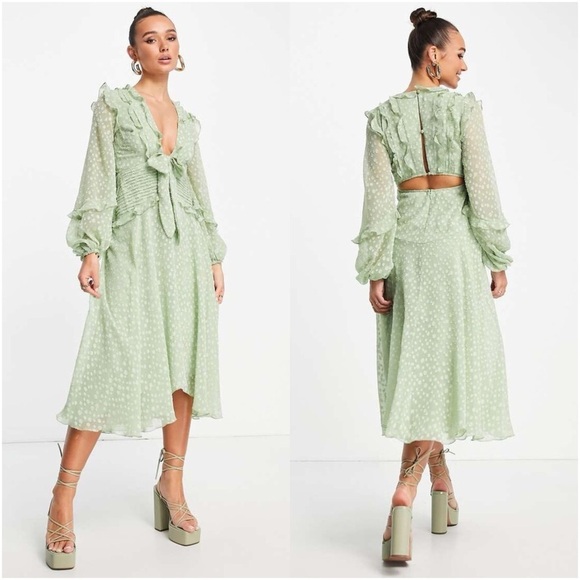 ASOS Pleat Detail Midi Dress In Jacquard Satin Spot With Tie Detail In Sage - Picture 1 of 7